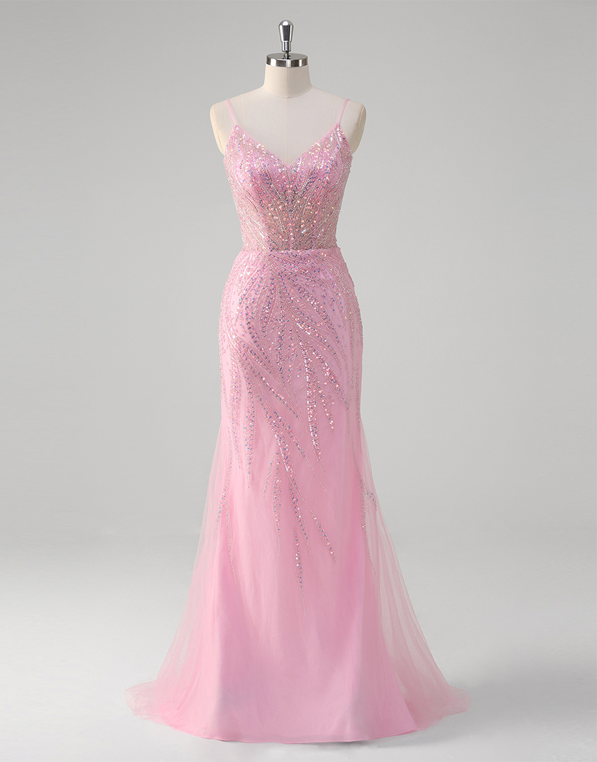 Sparkly Pink Mermaid Sequined Corset Tulle Spaghetti Straps Long Prom Dress