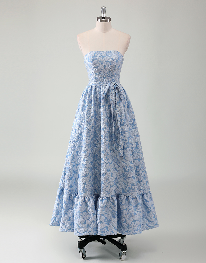 Blue A-Line Floral Strapless Ruffle Ankle Length Long Prom Dress with Sash