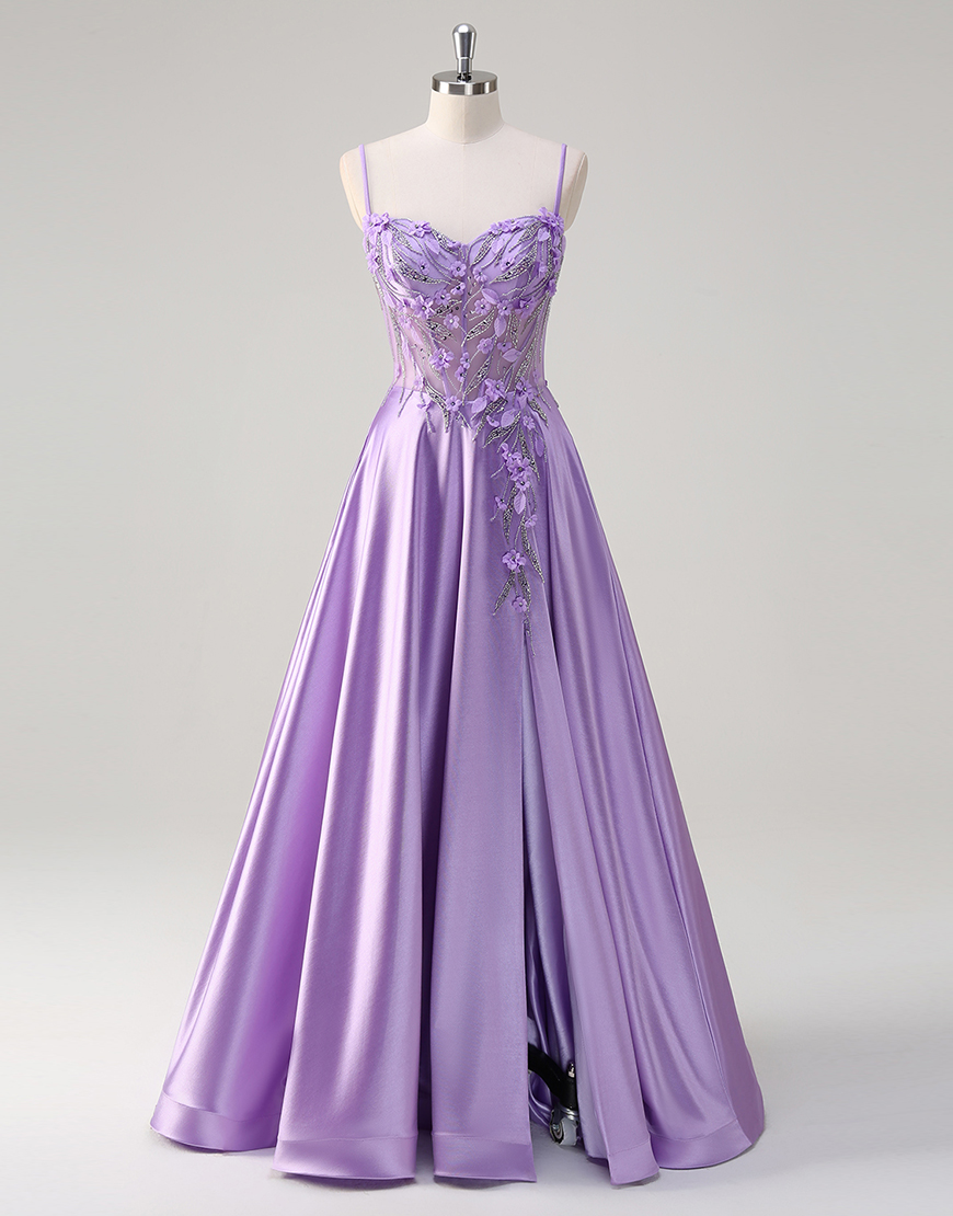 Sparkly Purple A-Line Spaghetti Straps Flowers Corset Satin Long Prom Dress with Slit