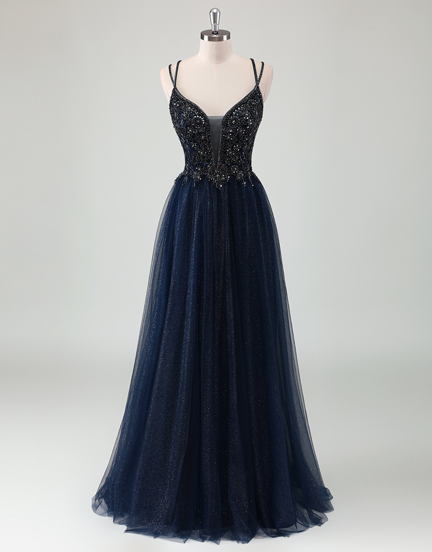 Sparkly Navy A-Line Sequined Spaghetti Straps Tulle Long Prom Dress