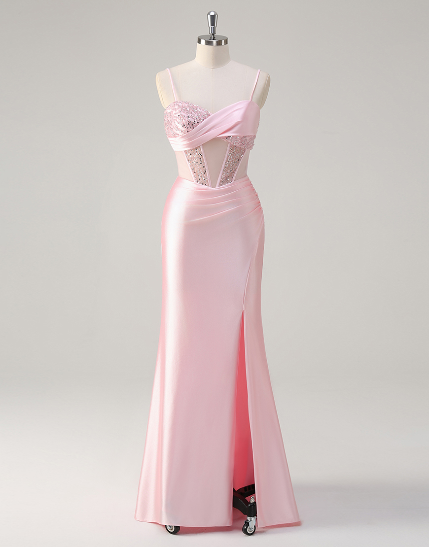Sparkly Pink Mermaid Spaghetti Straps Corset Satin Long Prom Dress with Slit