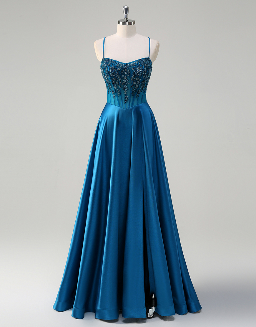 Sparkly Blue A-Line Spaghetti Straps Beaded Appliques Corset Satin Long Prom Dress with Slit