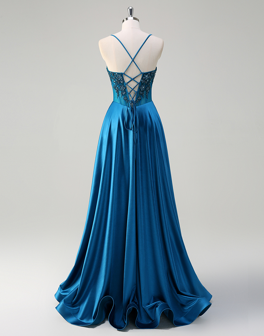 Sparkly Blue A-Line Spaghetti Straps Beaded Appliques Corset Satin Long Prom Dress with Slit