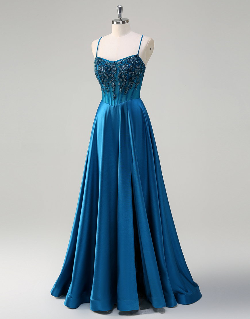Sparkly Blue A-Line Spaghetti Straps Beaded Appliques Corset Satin Long Prom Dress with Slit
