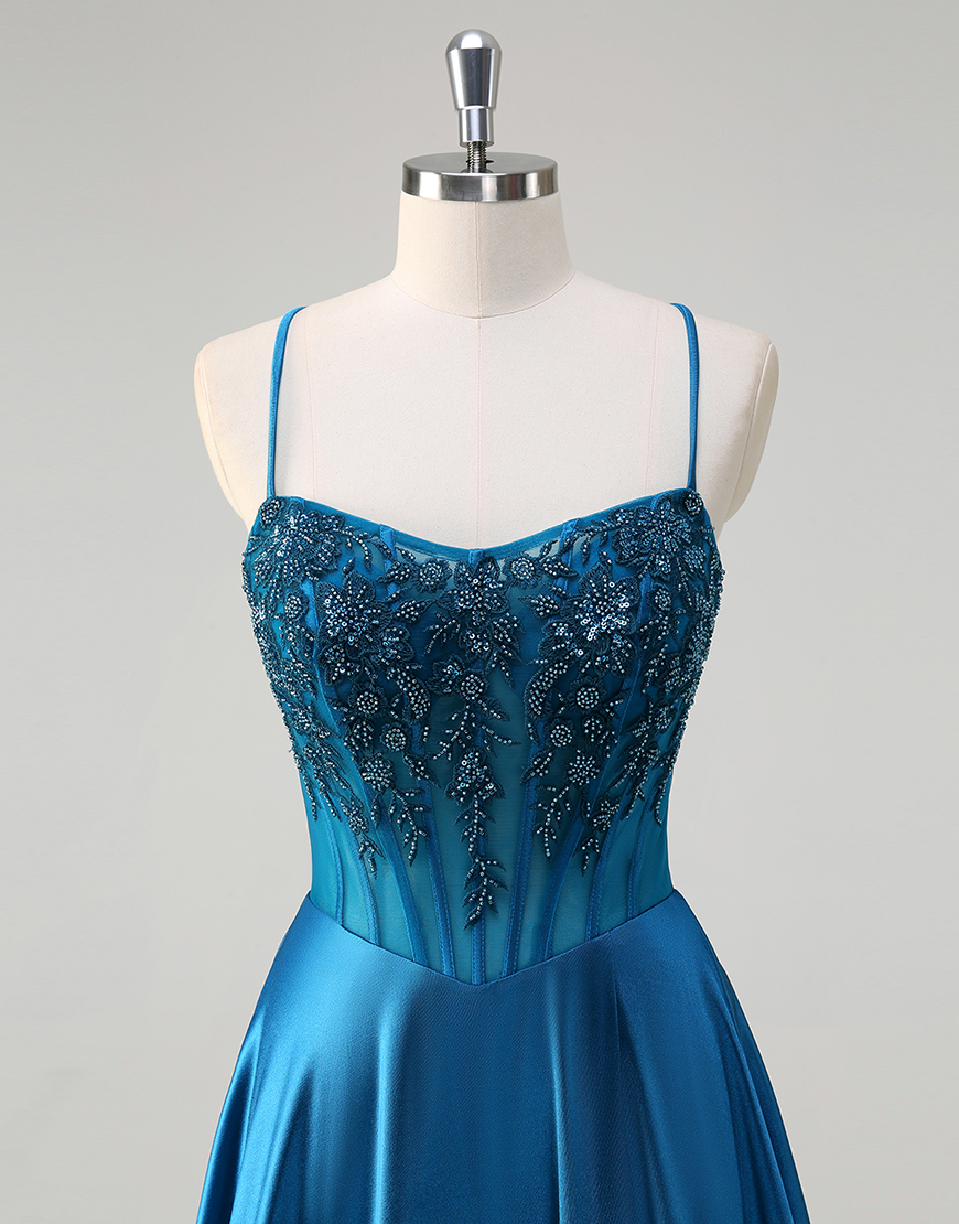 Sparkly Blue A-Line Spaghetti Straps Beaded Appliques Corset Satin Long Prom Dress with Slit