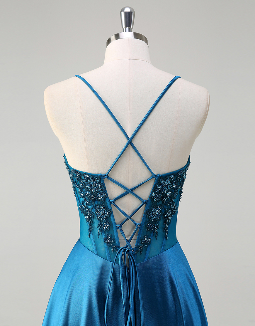Sparkly Blue A-Line Spaghetti Straps Beaded Appliques Corset Satin Long Prom Dress with Slit
