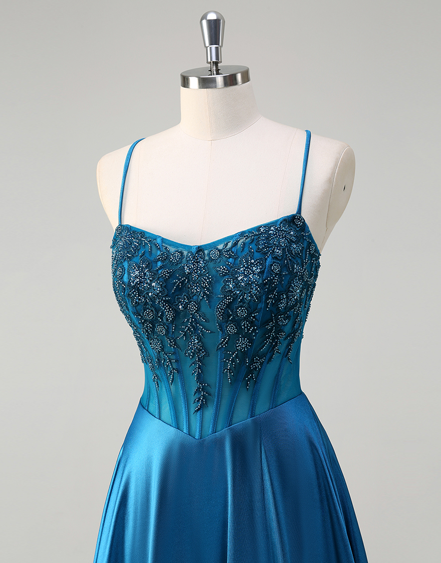 Sparkly Blue A-Line Spaghetti Straps Beaded Appliques Corset Satin Long Prom Dress with Slit