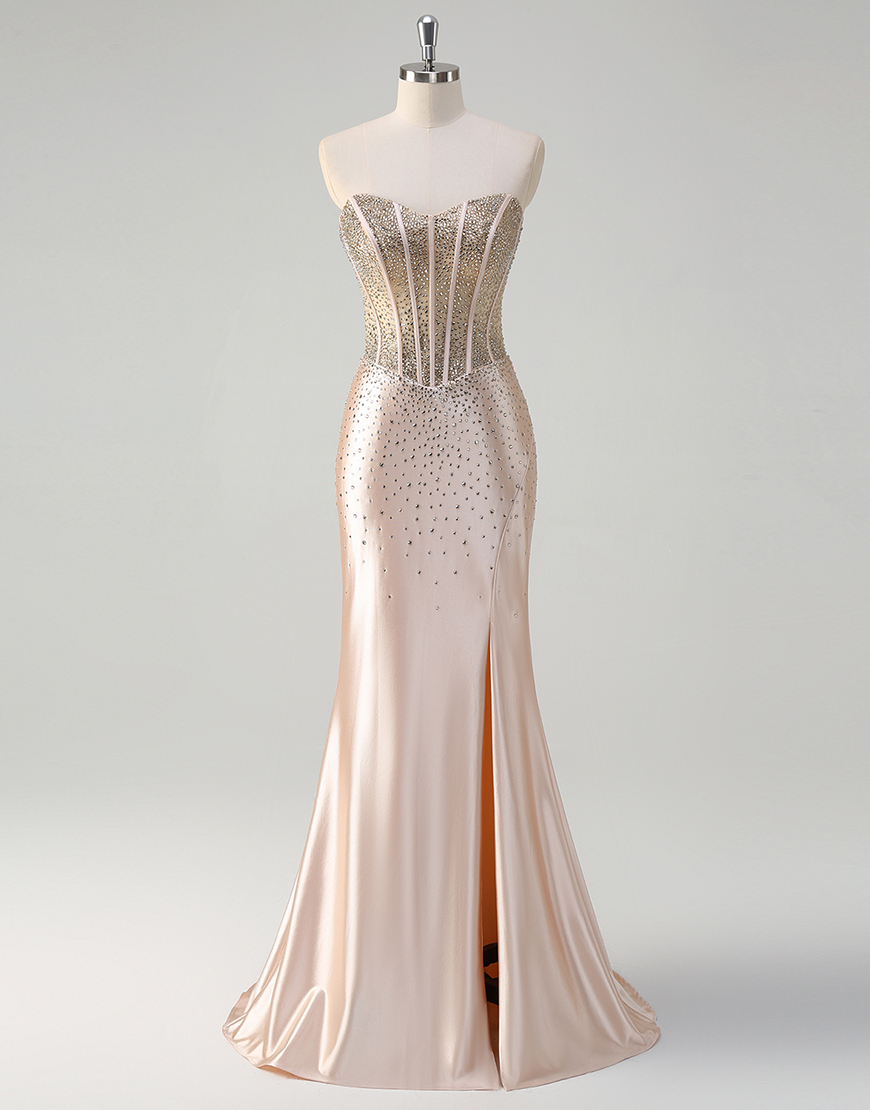 Sparkly Champagne Mermaid Strapless Beaded Corset Satin Long Prom Dress with Slit
