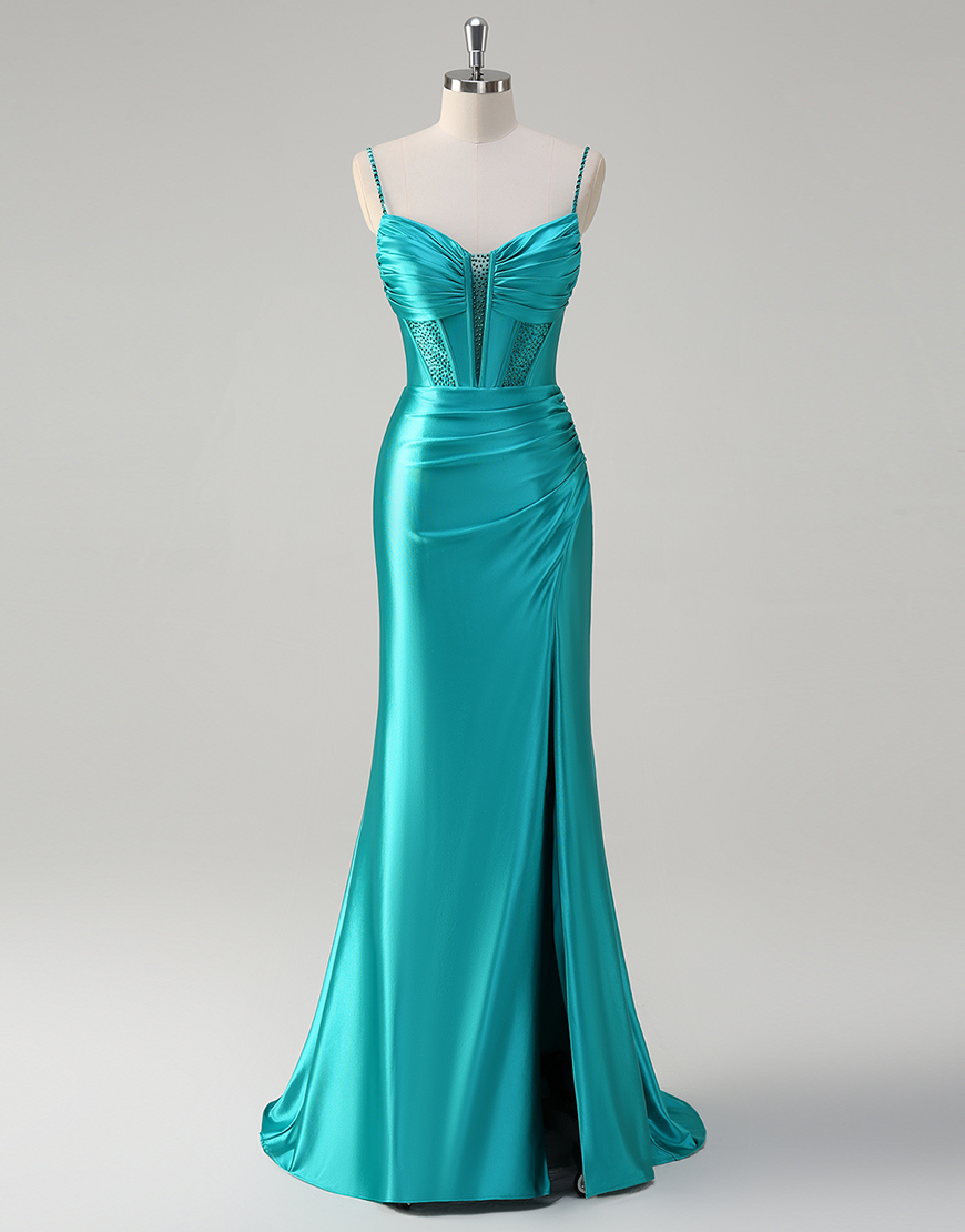 Sparkly Peacock Mermaid Spaghetti Straps Beaded Satin Long Prom Dress with Slit