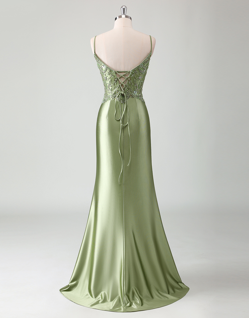 Sparkly Sage Mermaid Spaghetti Straps Beading Satin Long Prom Dress