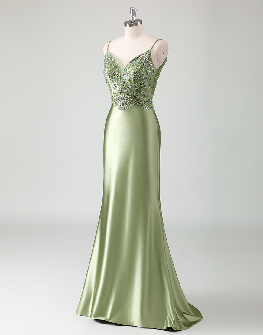 Sparkly Sage Mermaid Spaghetti Straps Beading Satin Long Prom Dress