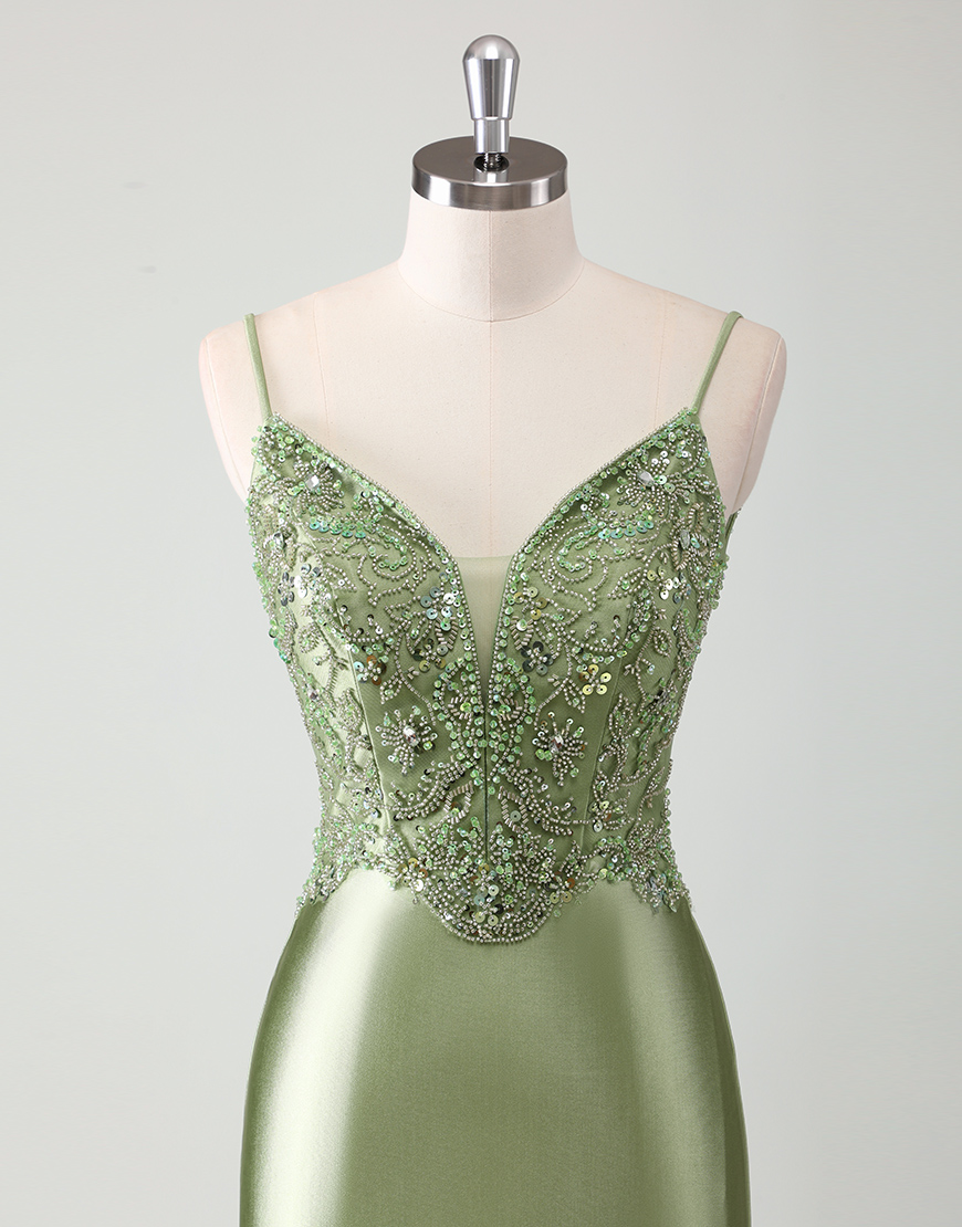 Sparkly Sage Mermaid Spaghetti Straps Beading Satin Long Prom Dress