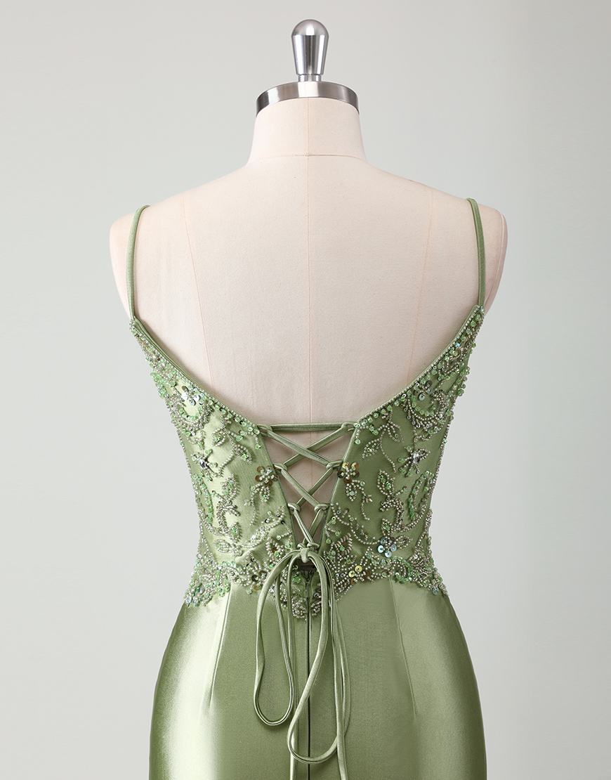 Sparkly Sage Mermaid Spaghetti Straps Beading Satin Long Prom Dress