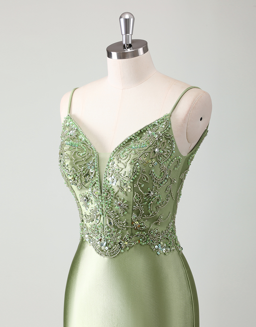 Sparkly Sage Mermaid Spaghetti Straps Beading Satin Long Prom Dress