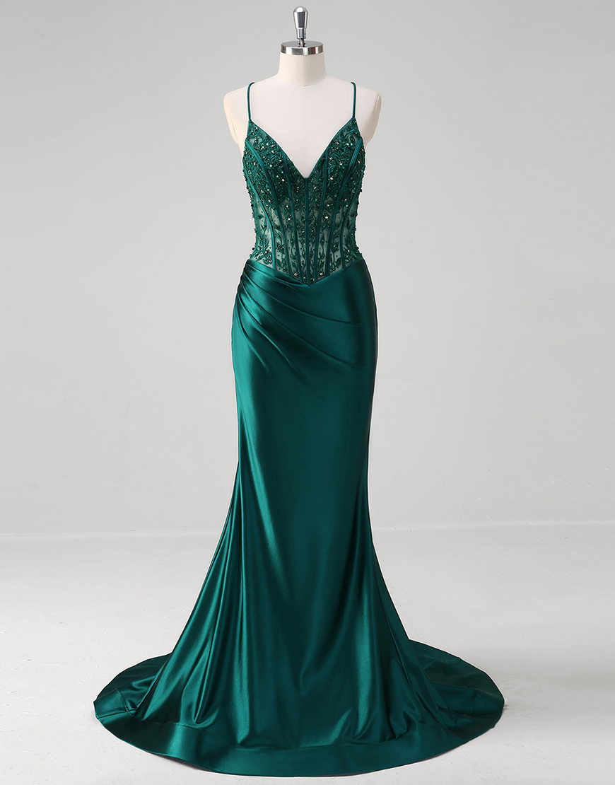 Sparkly Dark Green Mermaid Spaghetti Straps Corset Satin Long Prom Dress with Appliques