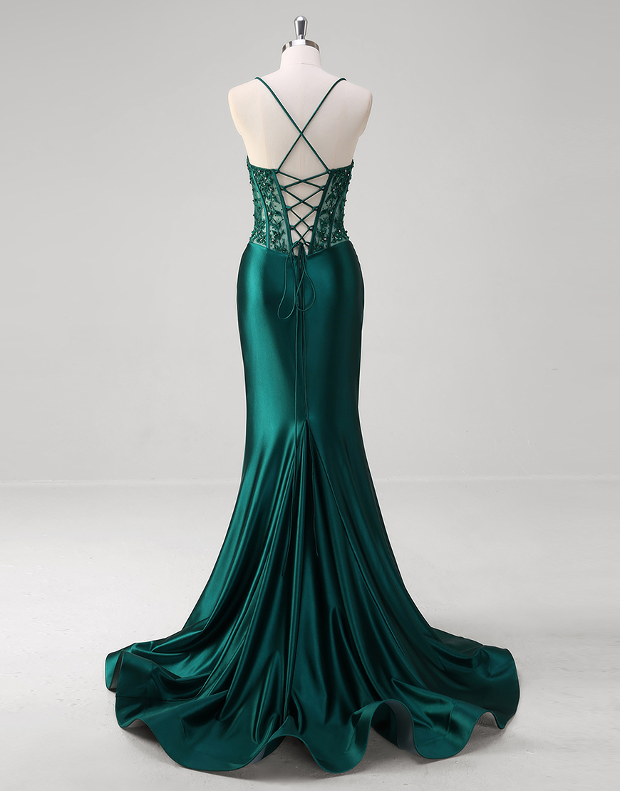 Sparkly Dark Green Mermaid Spaghetti Straps Corset Satin Long Prom Dress with Appliques