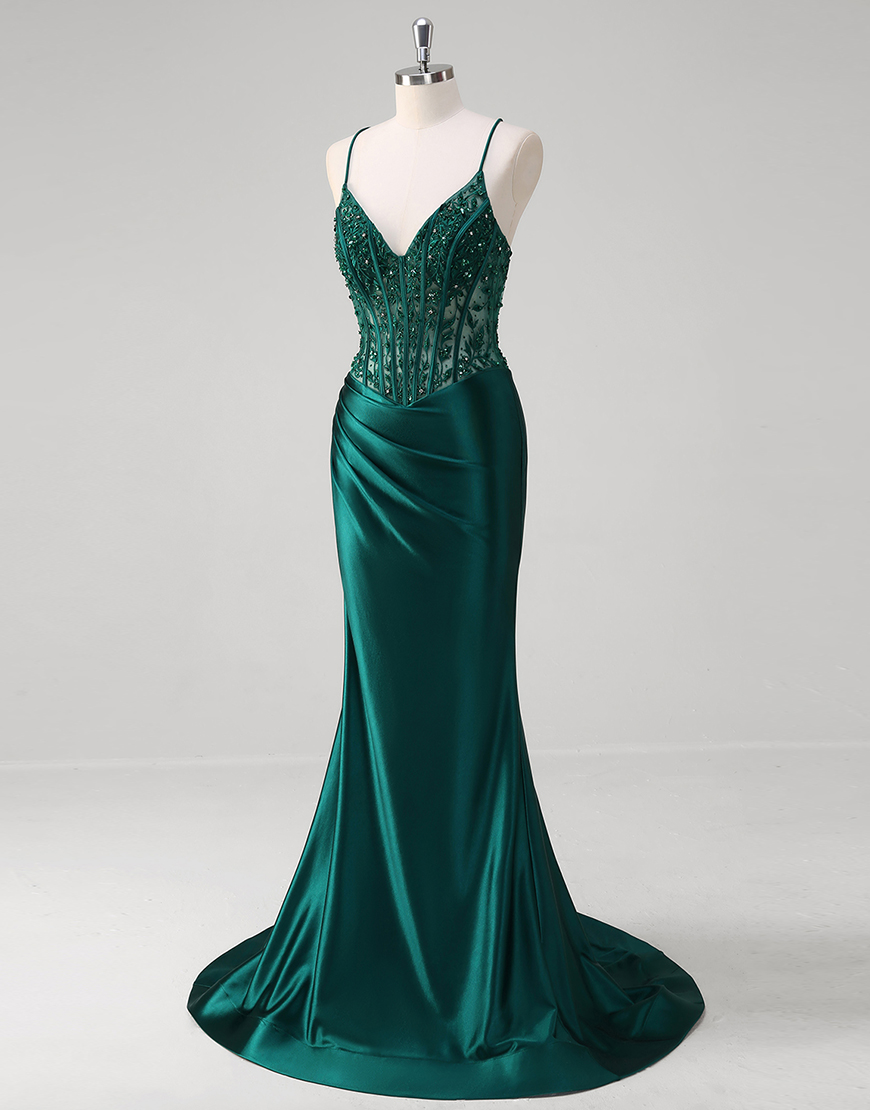 Sparkly Dark Green Mermaid Spaghetti Straps Corset Satin Long Prom Dress with Appliques
