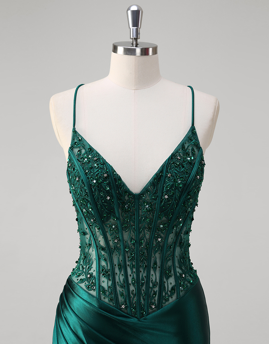 Sparkly Dark Green Mermaid Spaghetti Straps Corset Satin Long Prom Dress with Appliques
