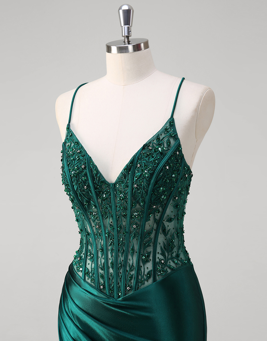Sparkly Dark Green Mermaid Spaghetti Straps Corset Satin Long Prom Dress with Appliques