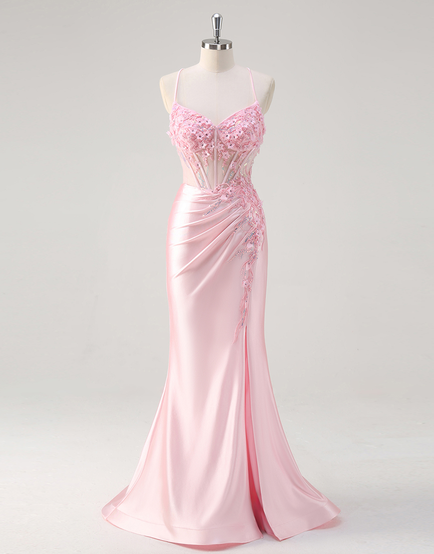 Sparkly Pink Mermaid Spaghetti Straps Corset Flowers Satin Long Prom Dress with Slit