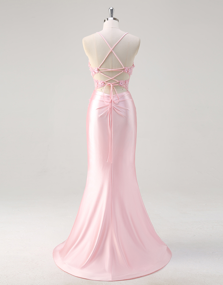 Sparkly Pink Mermaid Spaghetti Straps Corset Flowers Satin Long Prom Dress with Slit