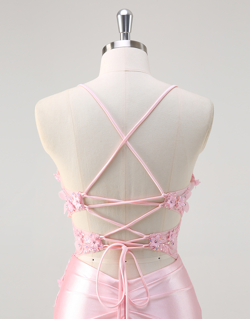 Sparkly Pink Mermaid Spaghetti Straps Corset Flowers Satin Long Prom Dress with Slit