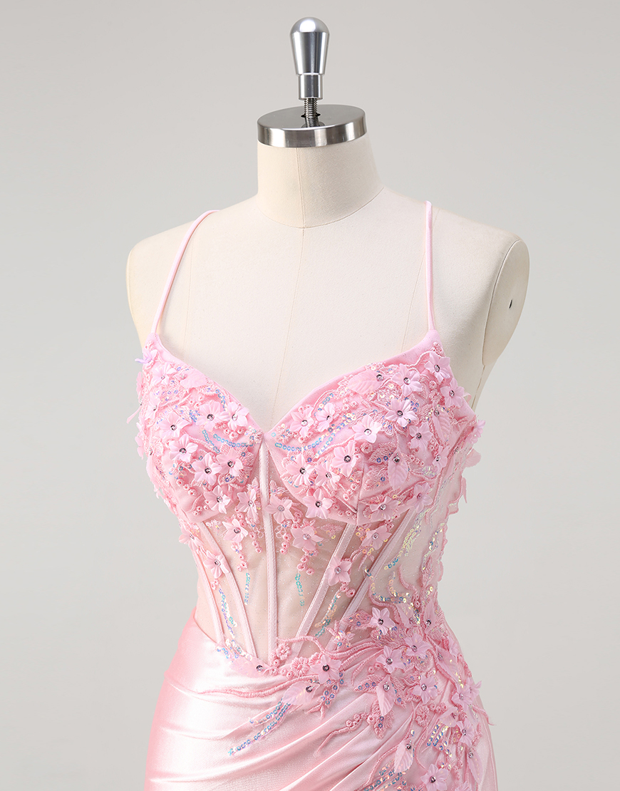 Sparkly Pink Mermaid Spaghetti Straps Corset Flowers Satin Long Prom Dress with Slit