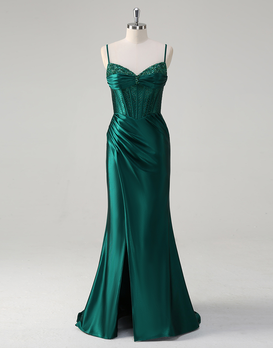 Sparkly Dark Green Mermaid Spaghetti Straps Beaded Corset Satin Long Prom Dress with Slit