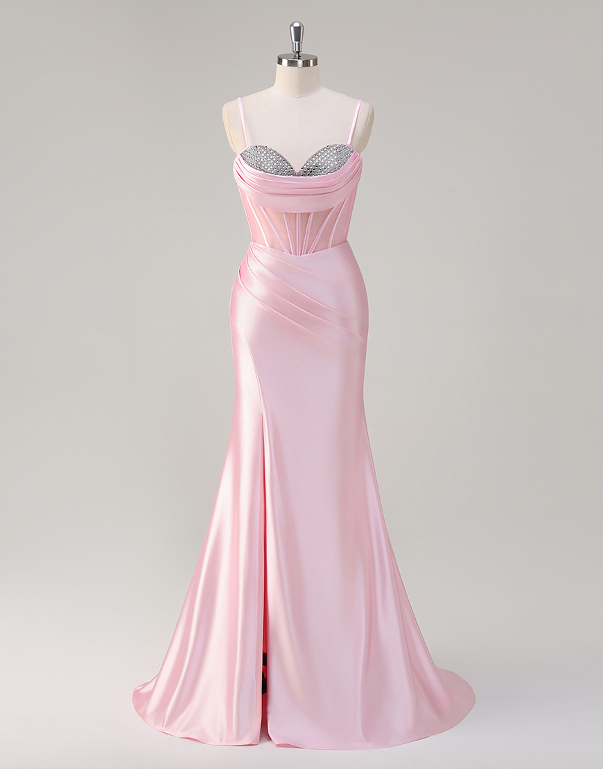 Sparkly Pink Mermaid Spaghetti Straps Corset Satin Ruched Long Prom Dress with Slit