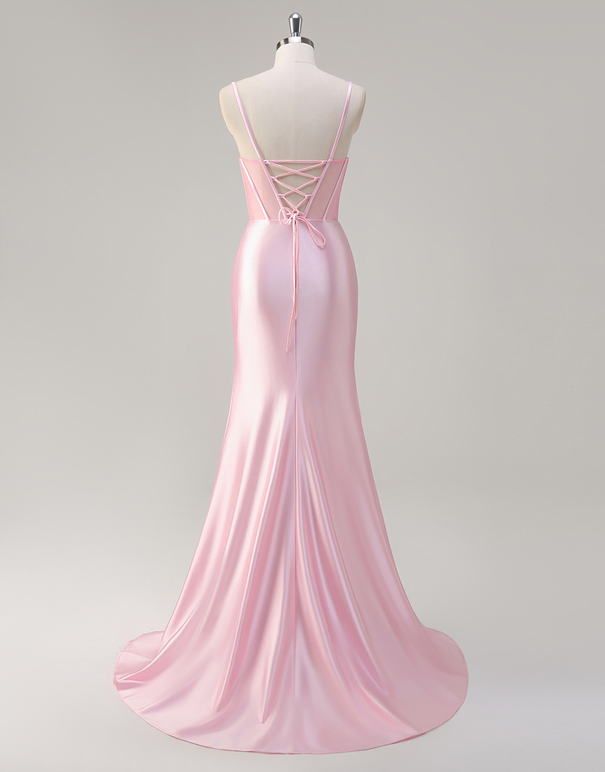 Sparkly Pink Mermaid Spaghetti Straps Corset Satin Ruched Long Prom Dress with Slit