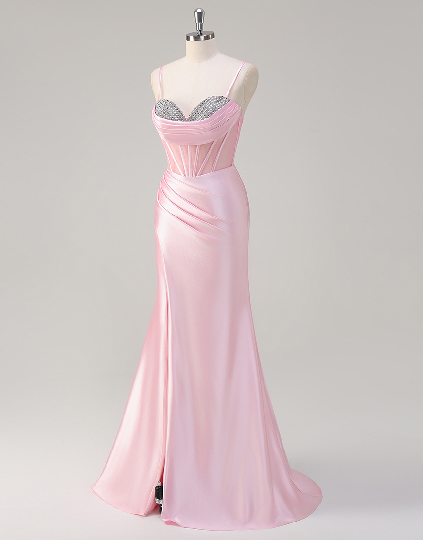 Sparkly Pink Mermaid Spaghetti Straps Corset Satin Ruched Long Prom Dress with Slit