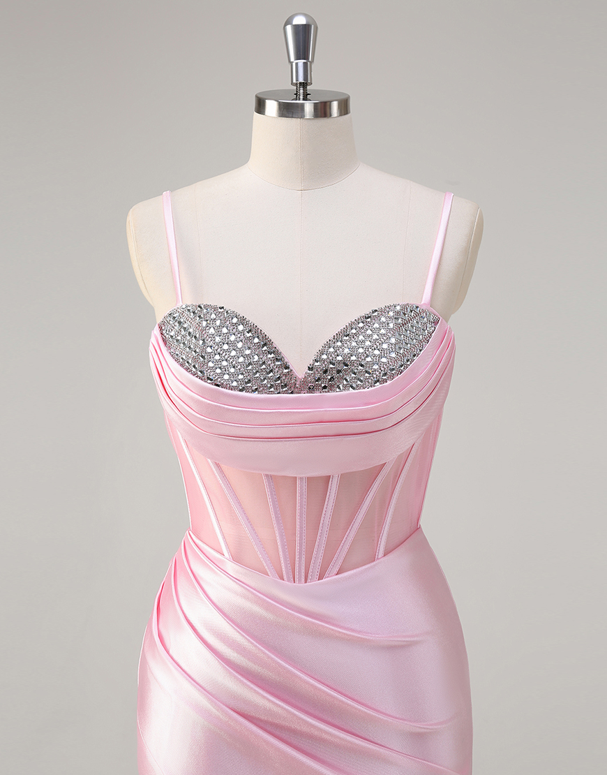 Sparkly Pink Mermaid Spaghetti Straps Corset Satin Ruched Long Prom Dress with Slit