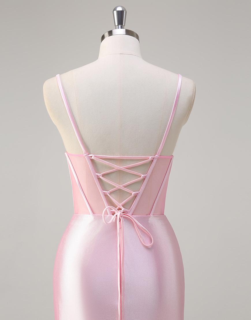 Sparkly Pink Mermaid Spaghetti Straps Corset Satin Ruched Long Prom Dress with Slit