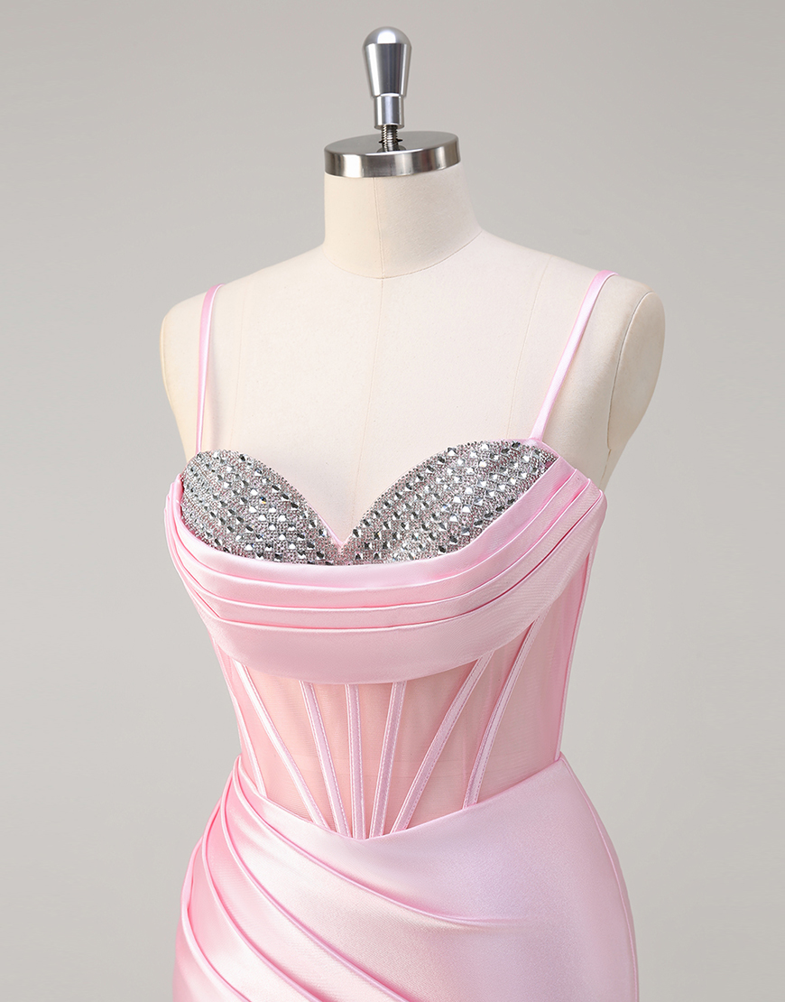 Sparkly Pink Mermaid Spaghetti Straps Corset Satin Ruched Long Prom Dress with Slit