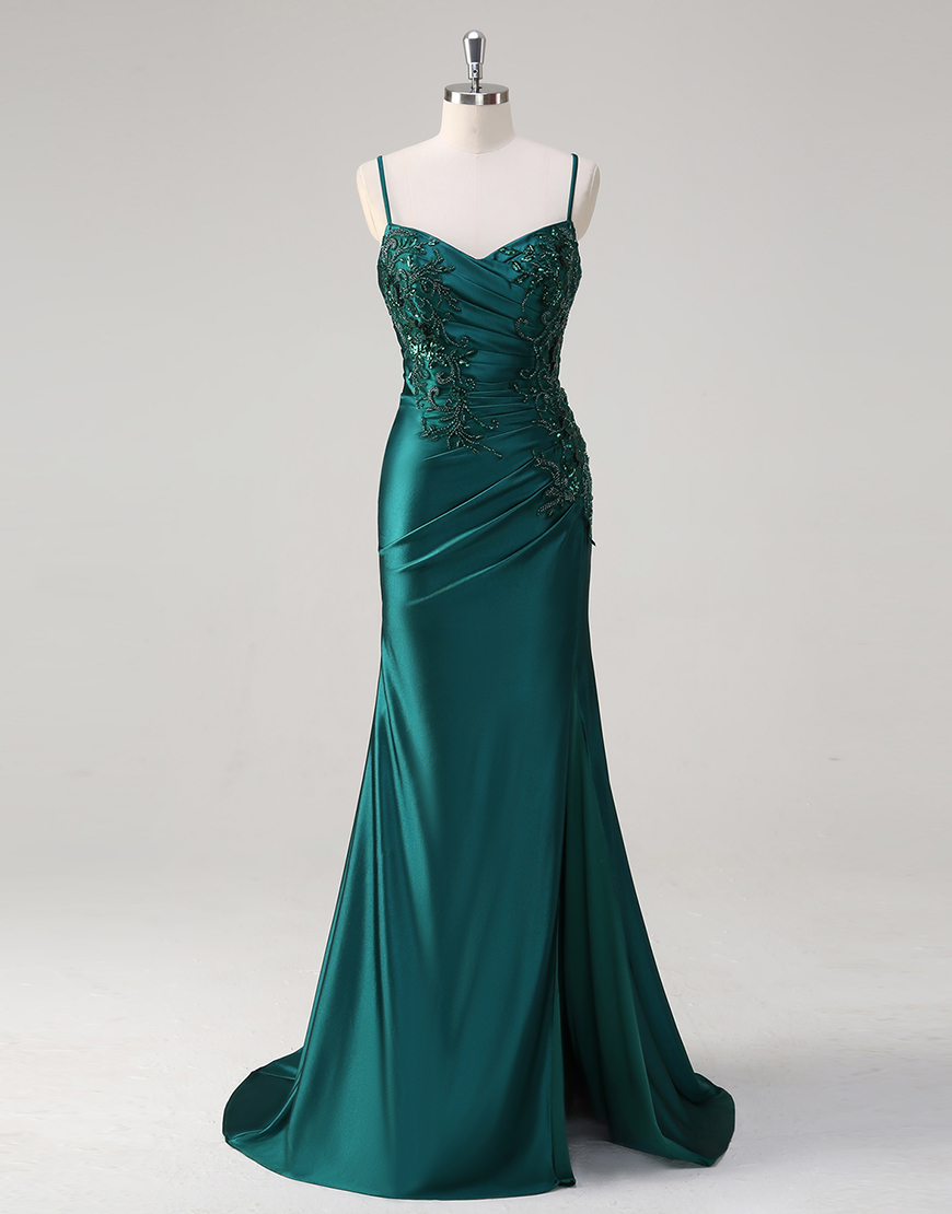 Sparkly Dark Green Mermaid Spaghetti Straps Ruched Appliques Satin Long Prom Dress with Slit