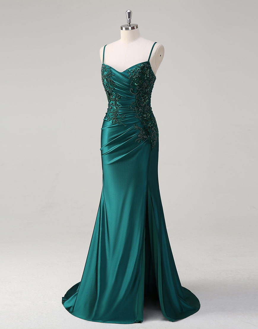 Sparkly Dark Green Mermaid Spaghetti Straps Ruched Appliques Satin Long Prom Dress with Slit