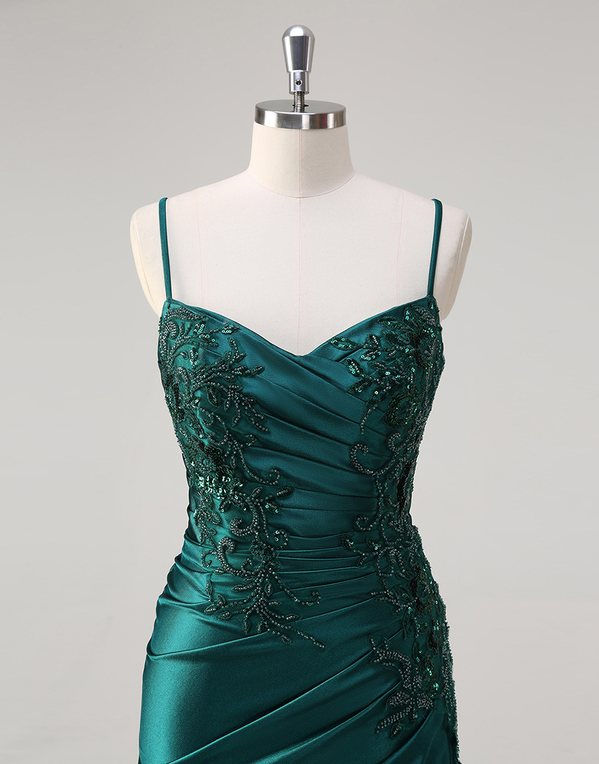 Sparkly Dark Green Mermaid Spaghetti Straps Ruched Appliques Satin Long Prom Dress with Slit