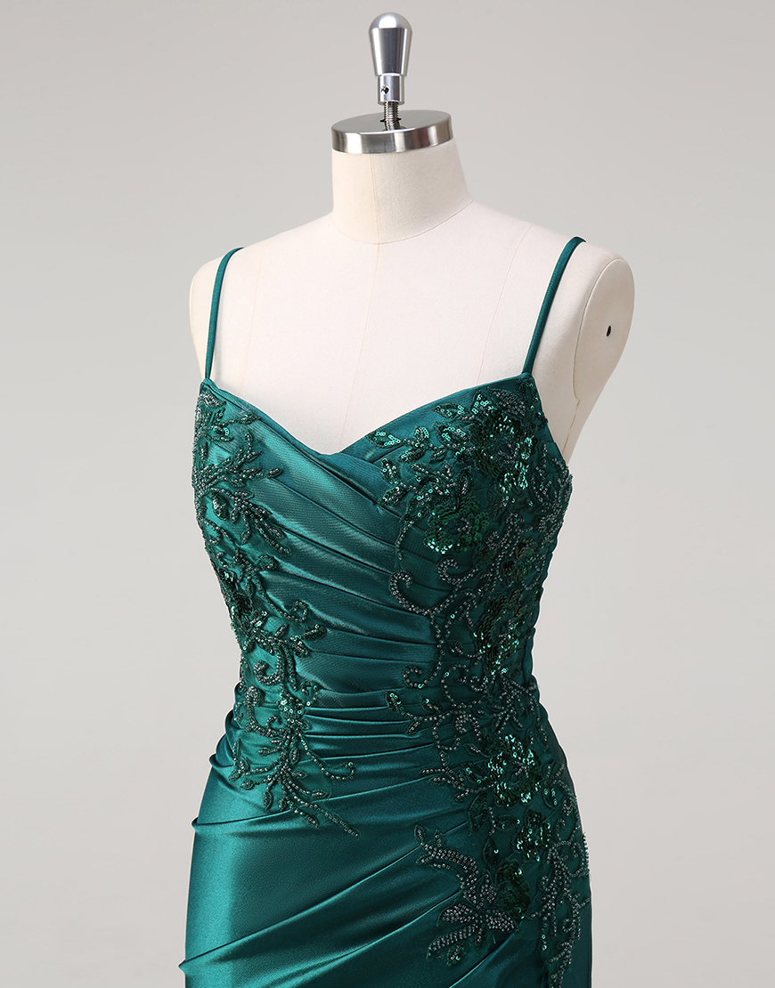 Sparkly Dark Green Mermaid Spaghetti Straps Ruched Appliques Satin Long Prom Dress with Slit