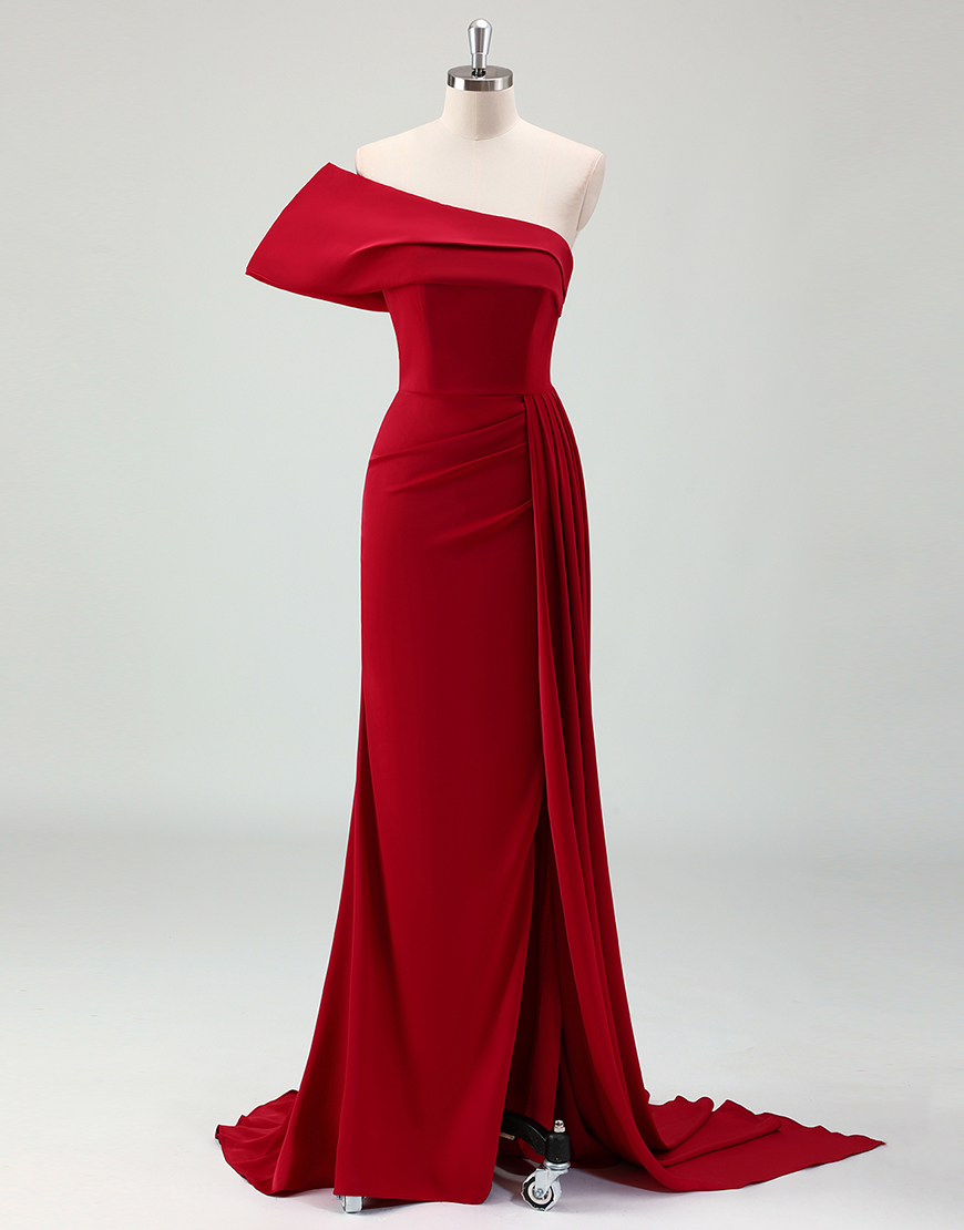 Burgundy Mermaid One Shoulder Satin Pleats Long Prom Dress Slit