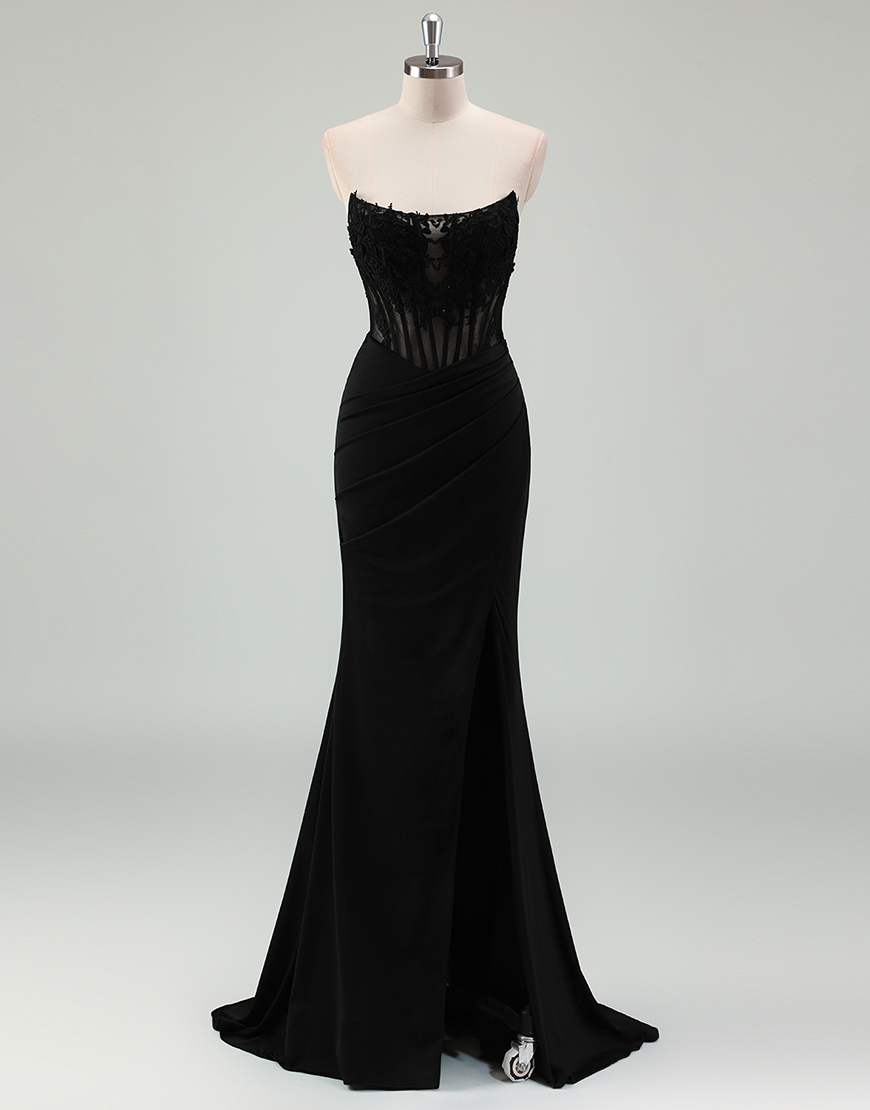 Sparkly Black Mermaid Strapless Corset Appliques Long Prom Dress with Slit