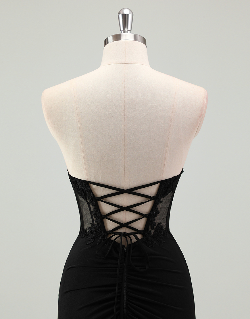 Sparkly Black Mermaid Strapless Corset Appliques Long Prom Dress with Slit