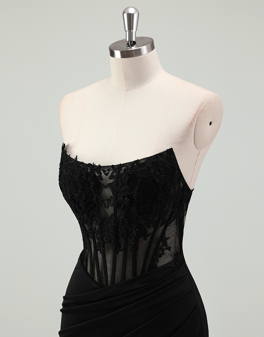 Sparkly Black Mermaid Strapless Corset Appliques Long Prom Dress with Slit