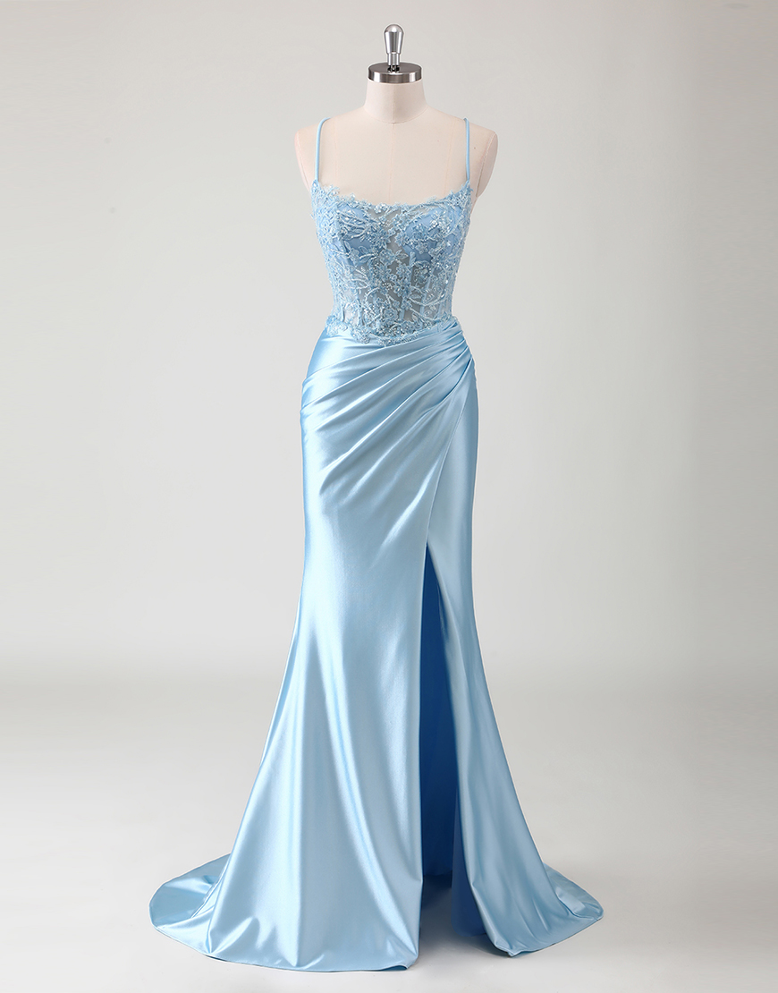 Sparkly Blue Mermaid Spaghetti Straps Corset Beading Satin Long Prom Dress with Slit