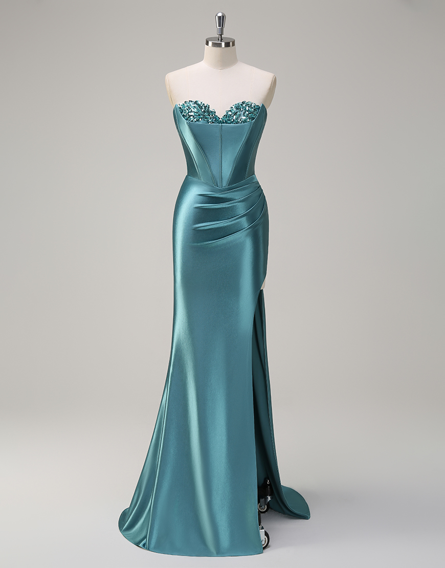 Sparkly Grey Green Mermaid Strapless Sequined Corset Satin Long Prom Dress with Slit