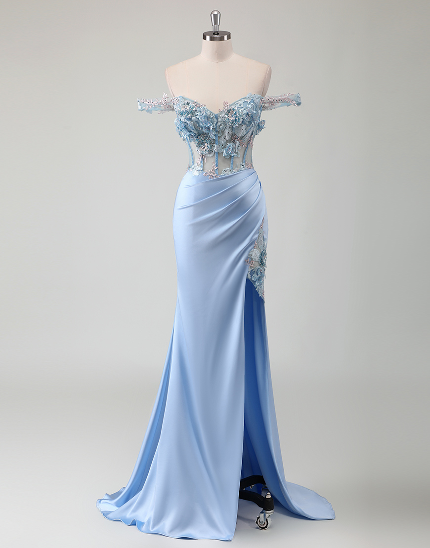 Sparkly Sky Blue Mermaid Off the Shoulder Flowers Corset Long Prom Dress with Slit
