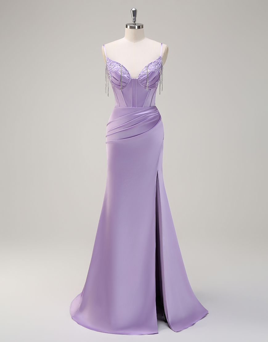 Sparkly Lilac Mermaid Spaghetti Straps Corset Tassels Satin Long Prom Dress with Slit