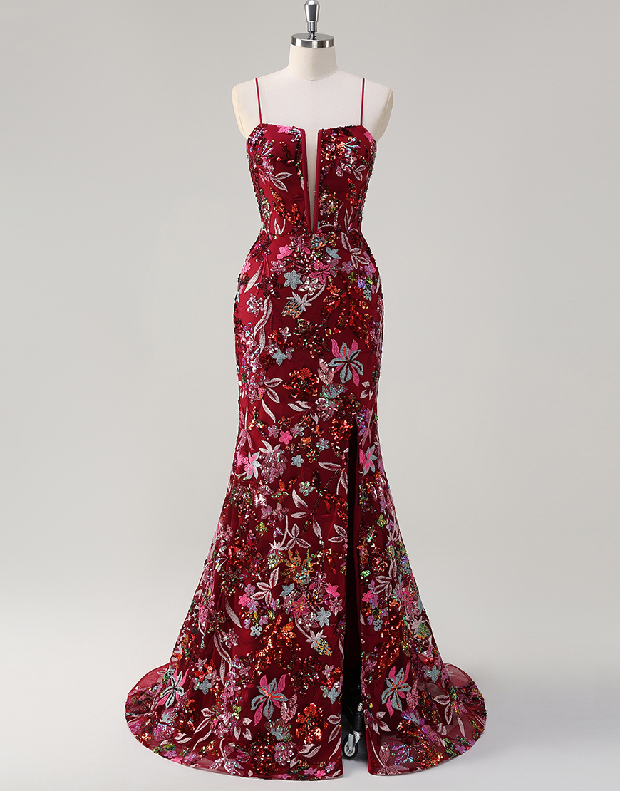 Sparkly Burgundy Mermaid Embroidery Spaghetti Straps Corset Long Prom Dress with Slit