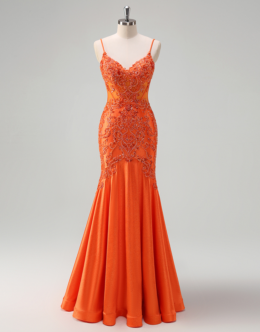 Sparkly Orange Mermaid Beading Embroidery Corset Spaghetti Straps Long Prom Dress