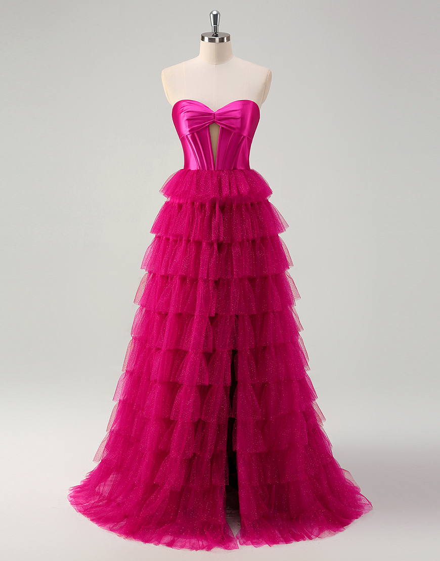 Fuchsia A-Line Strapless Corset Tiered Long Prom Dress with Slit