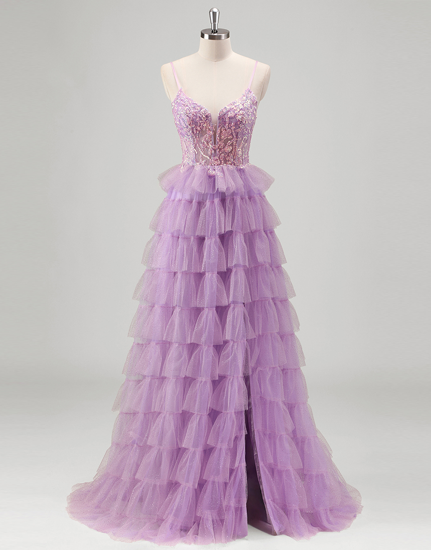 Sparkly Lilac A-Line Tiered Corset Sequined Spaghetti Straps Long Prom Dress with Slit